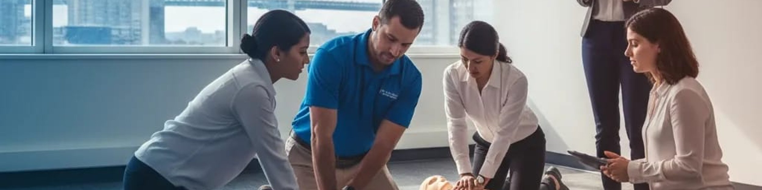 Employees practicing CPR on manikins during a workplace training session
