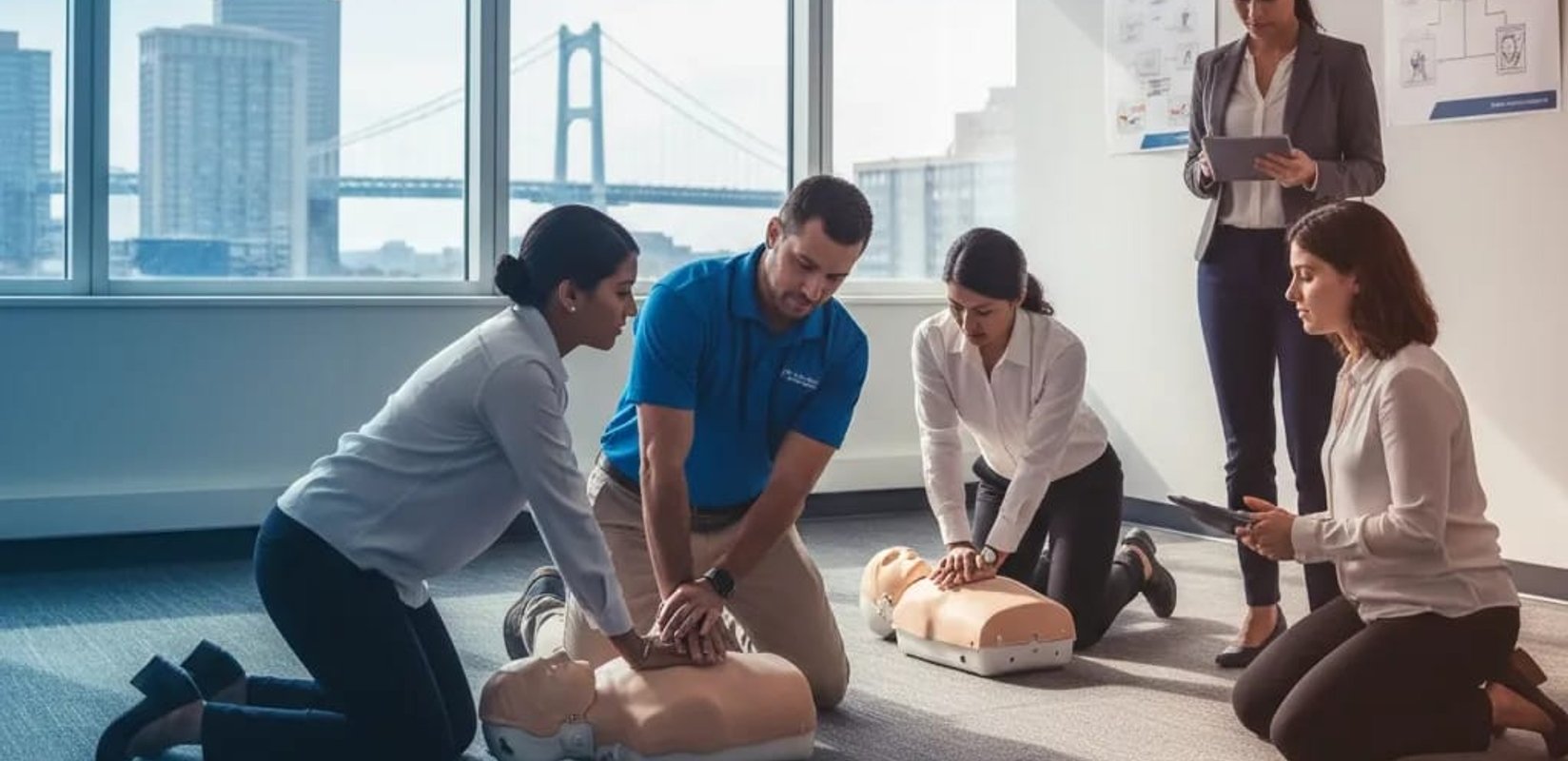 Employees practicing CPR on manikins during a workplace training session
