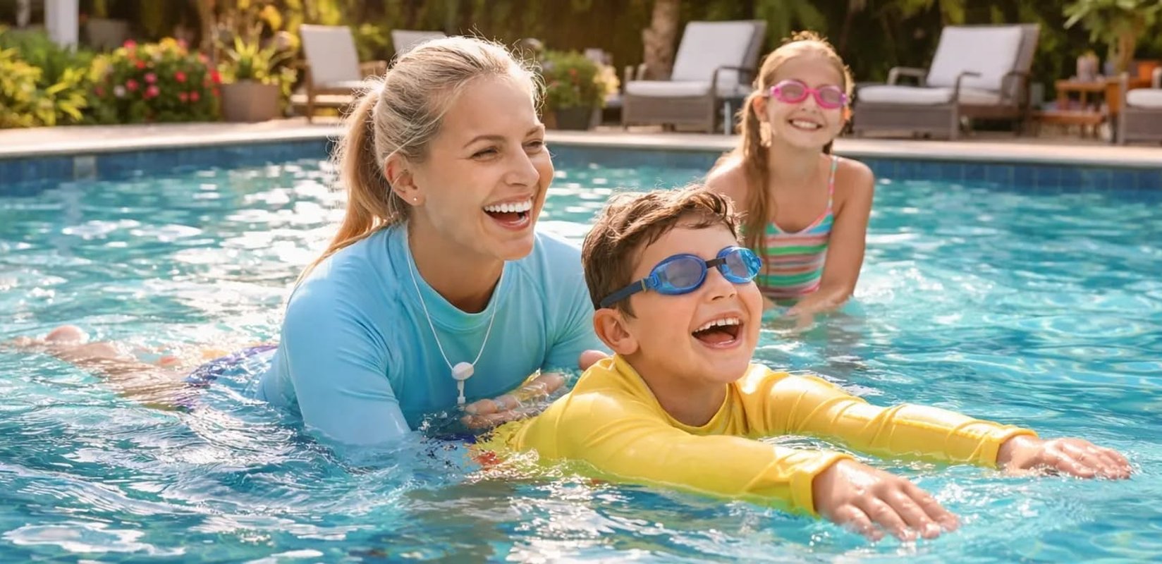 Swim instructor teaching a smiling boy in goggles in a backyard pool
