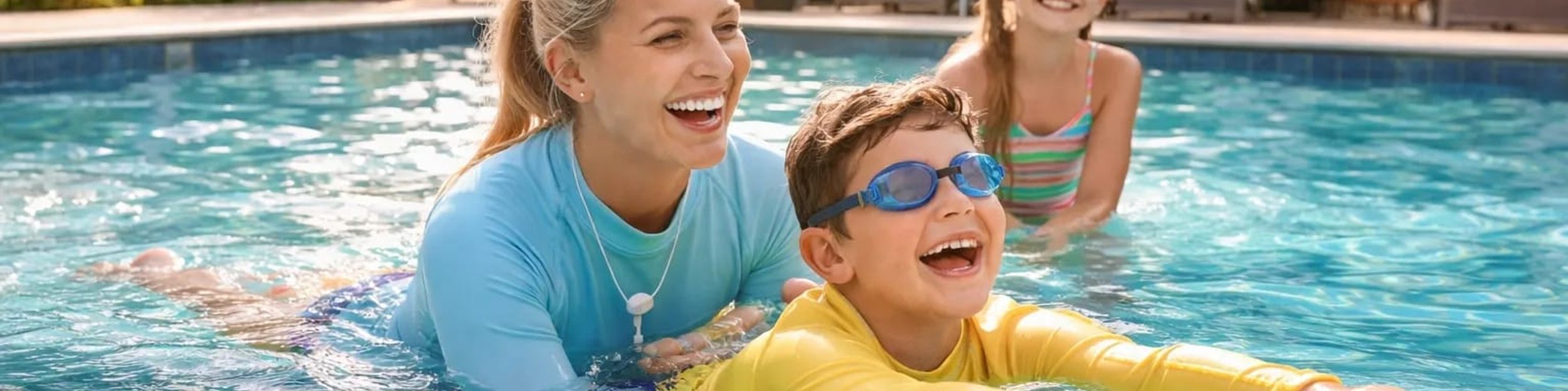 Swim instructor teaching a smiling boy in goggles in a backyard pool