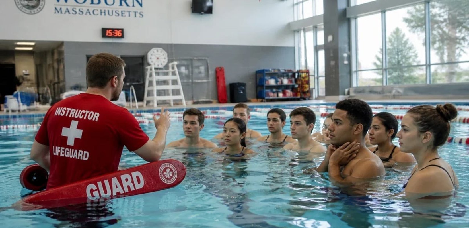 Red Cross lifeguard instructor briefing a class of students standing in the pool