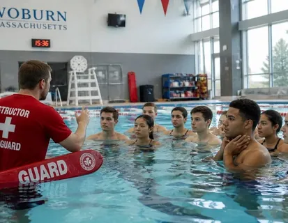Red Cross lifeguard instructor briefing a class of students standing in the pool