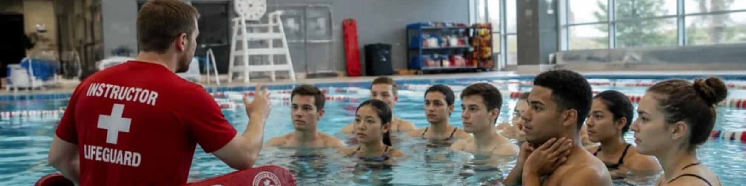 Lifeguard instructor supervising swimmers in an indoor pool