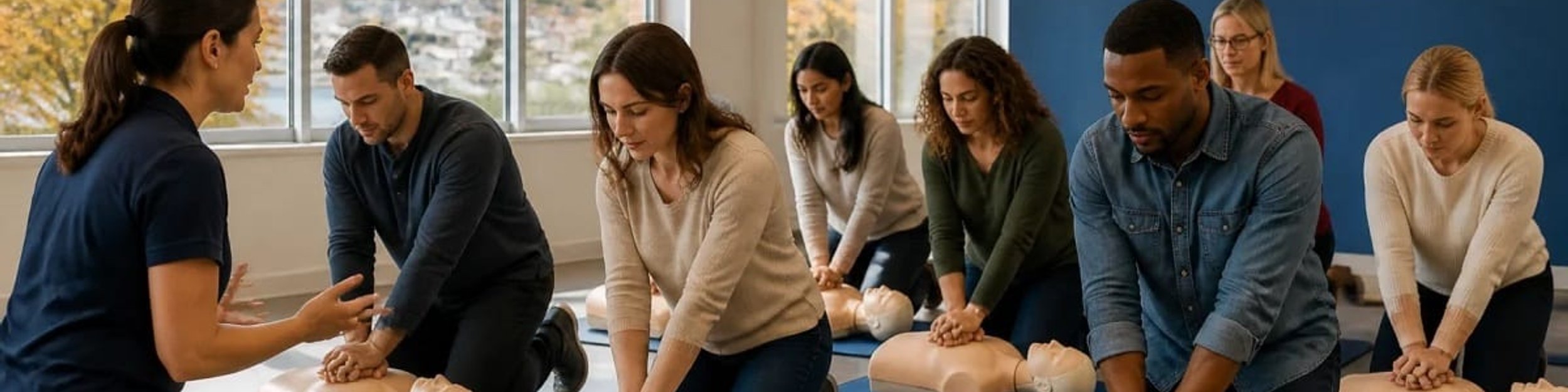 Adults practicing chest compressions on CPR manikins while an instructor coaches the class
