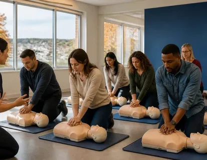 Adults practicing chest compressions on CPR manikins while an instructor coaches the class