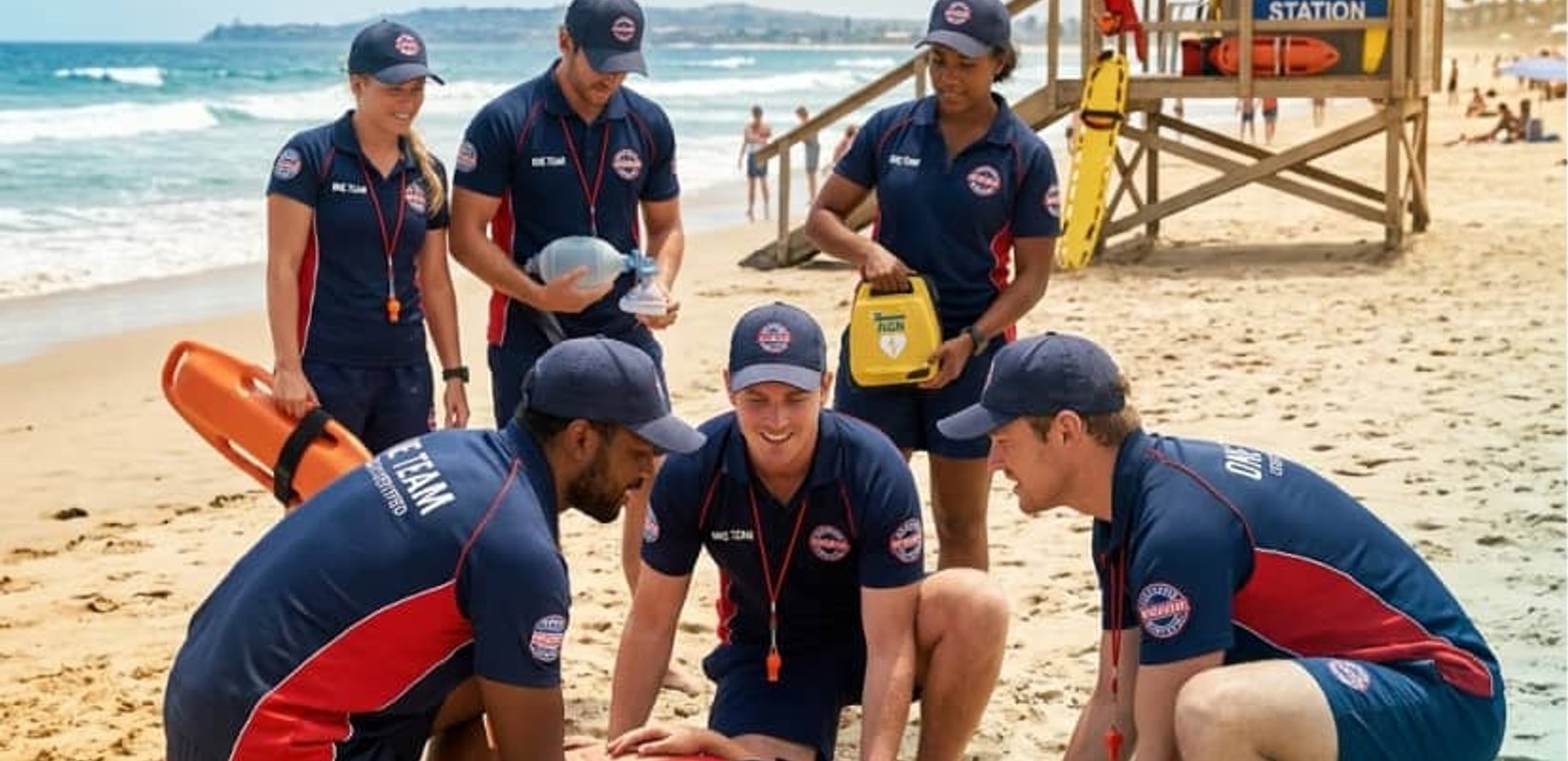 Lifeguard team practicing a rescue on the beach