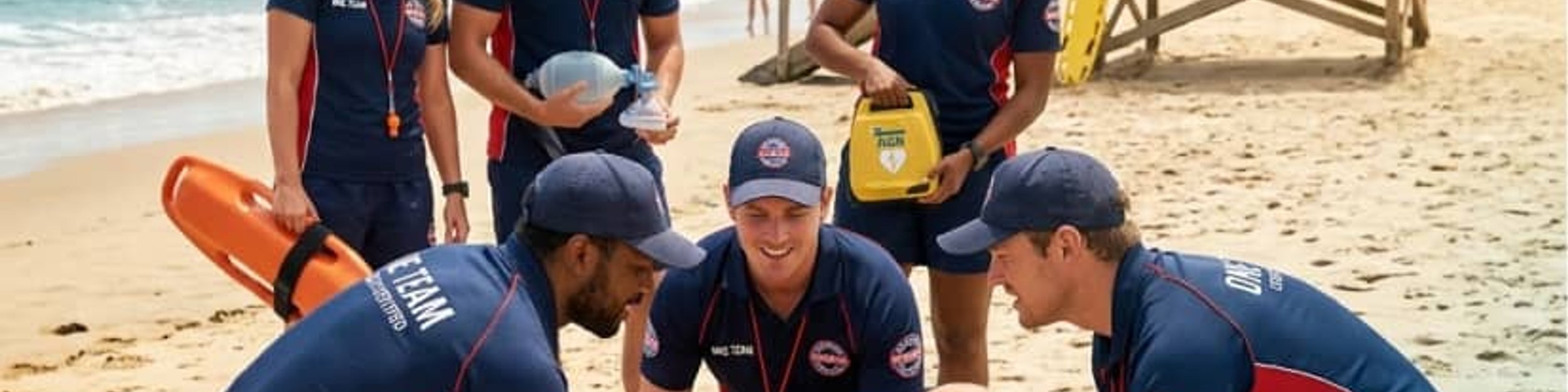 Lifeguard team practicing a rescue on the beach