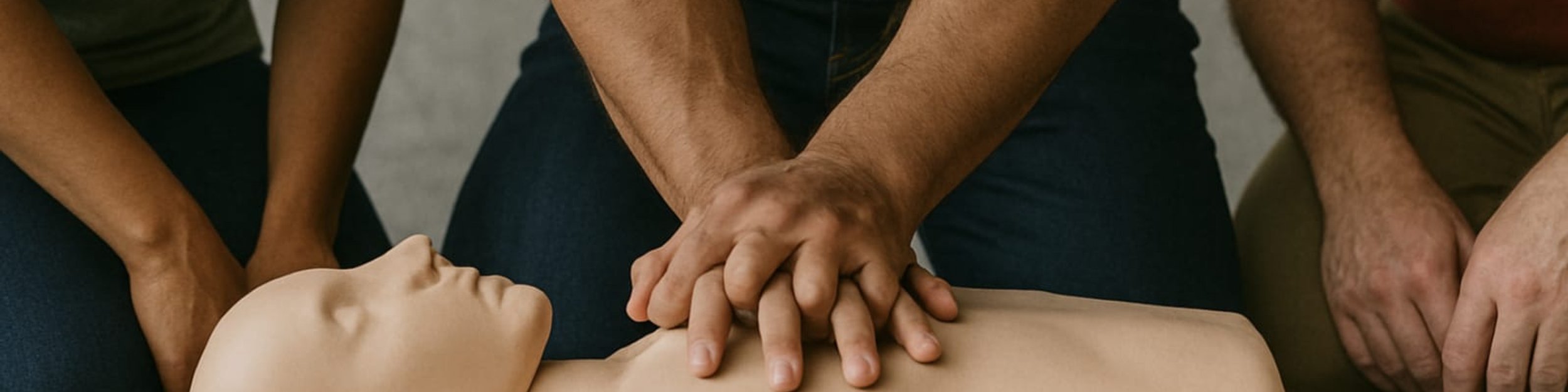 Hands positioned for chest compressions on a CPR manikin