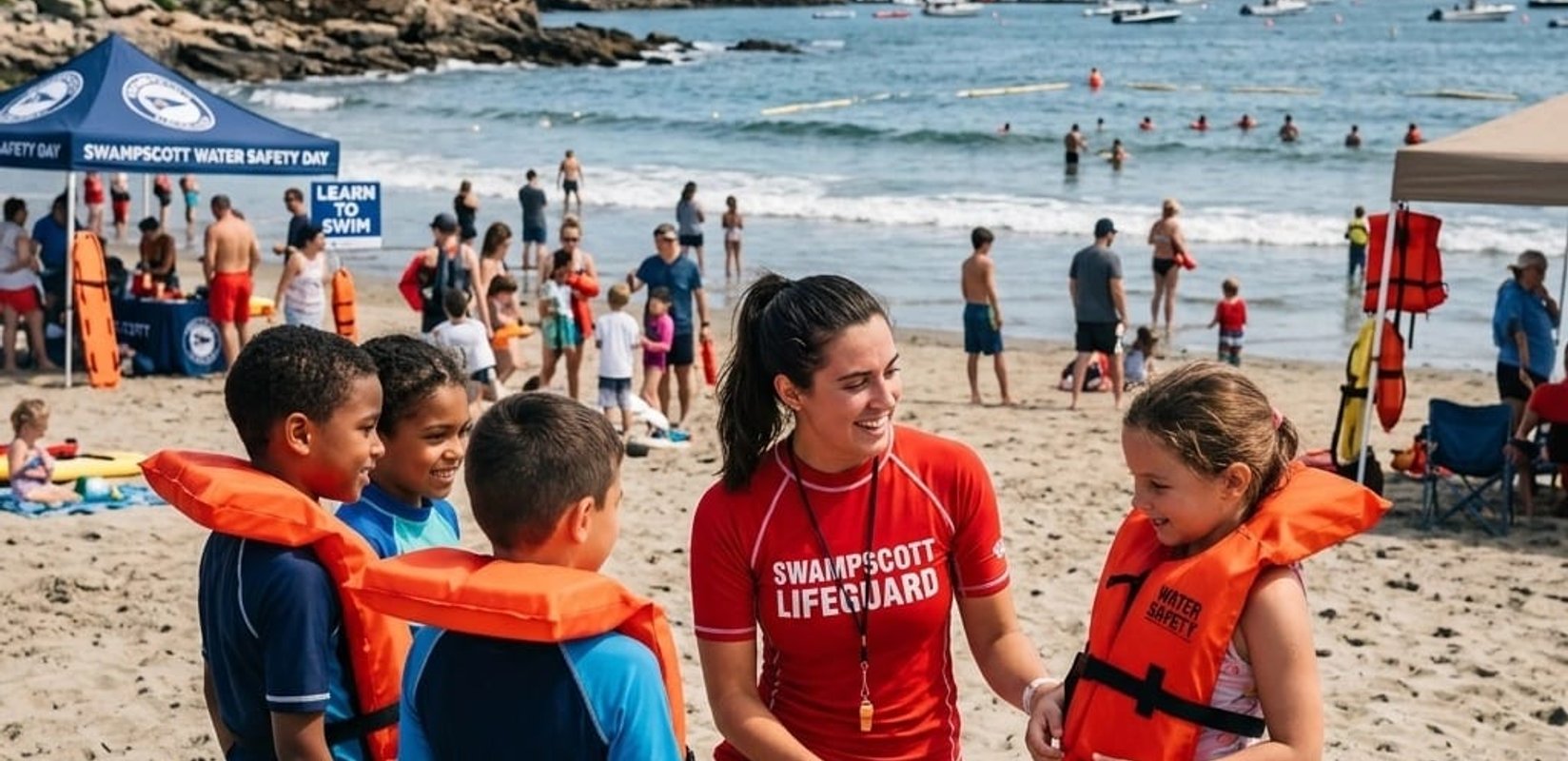 Lifeguard fitting life jackets on children at Fisherman's Beach during Swampscott Water Safety Day